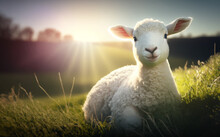 Easter, White Young Lamb Laying Down Open Field In The Grass With The Sun Rising, Early Morning Soft Light. Holy Weekend. Image Created With Generative Ai.