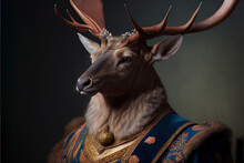 Created With Generative AI Technology. Portrait Of A Deer In Renaissance Clothing
