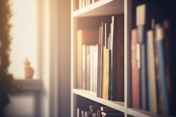 Wall Mural - Image of a white wooden bookshelf with books inside it in a residence in the UK is hazy. Generative AI