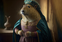 Created With Generative AI Technology. Portrait Of A Beaver In Renaissance Clothing