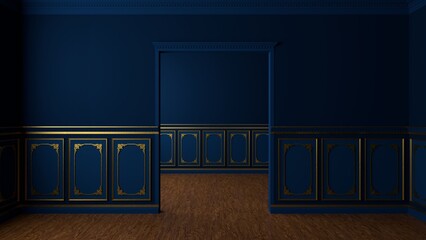 Wall Mural - Interior in classic style. Wall panels in the interior. Navy blue interior with golden frames. Wallpaper with gold. Empty wall. 3d render illustration mock up.