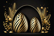 Luxury background with golden and black eggs. 3d luxury golden easter eggs. Happy Easter gold frame, golden luxury modern black background. Collection of Easter holiday invitation templates and golden