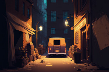 Poster - Cartoon illustration of a nighttime dark back alley with an entrance to a pub, a garbage can, and a vehicle with the trunk open. Background music for video games and mobile apps. Generative AI