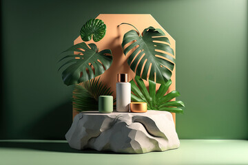 Poster - exhibit atop a stone podium in the backdrop. On a green background, a natural rock pedestal features a shadow and a tropical palm leaf. marketing of cosmetic and beauty products using a plant. Image f