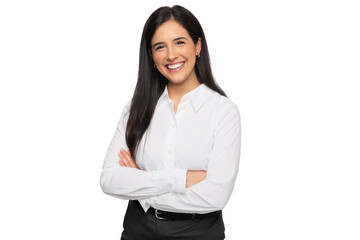 Friendly young business student, entrepreneur, with a charming smile, standing with arms folded against a white background