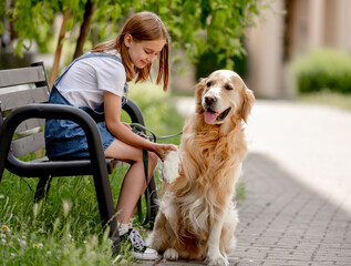 Wall Mural - Preteen girl with golden retriever dog