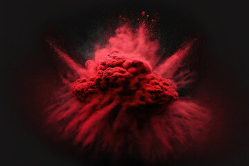 Poster - eruption of abstract red powder against a dark background. Abstract black background with crimson powder splatters. Explosion of crimson powder in slow motion. Generative AI