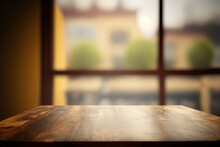 Unoccupied Wooden Board Table In Front Of Hazy Background. Coffee Shop With Perspective Brown Wood Over Blur Can Be Used To Montage Or Promote Your Items. Mockup For Product Presentation. Generative