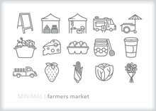 Set Of Farmers Market Line Icons Of Produce, Vegetables, Cheese, Meat, And Fruits For Sale At A Summer Outdoor Market