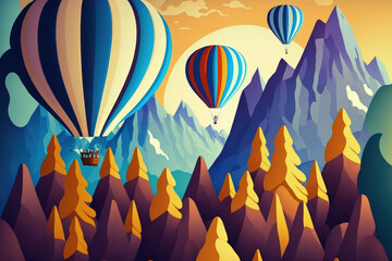 Wall Mural - Gorgeous hot air balloon view over the mountains. Concept of travel. artistic image world of beauty. Generative AI