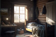 Interior of a rustic, itinerant bedroom. Generative AI