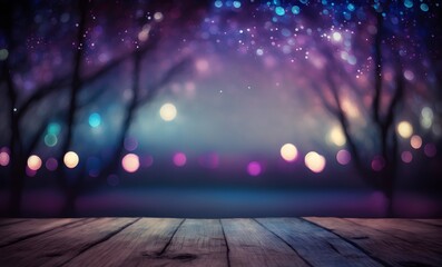 Empty wood table with blurred blue purple bokeh light night forest background, magical starry sparkly winter mockup template for product display, banner, copy space