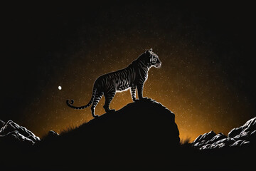 Poster - The nighttime mountain serves as the background as an adult tiger stands on a rock. Generative AI