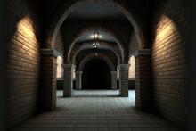 Interior Of Empty, Dark Subterranean Chamber. Masonry Walls. Historical Background Of Architecture. Generative AI