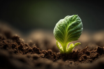 Poster - In soil, a cabbage sprout is sprouting. Green cabbage young sprout, macro photo with selective focus. In a vegetable garden, growing cabbage, planting, seedling. Generative AI