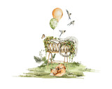 Fototapeta Dziecięca - Watercolor nursery card. Hand painted woodland set of cute baby animals in wild, forest landscape, tree, fox, cradle. illustration for baby shower design, kids print, birthday party, newborn