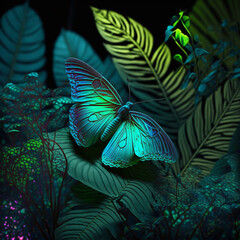 Wall Mural - Teal neon butterfly on tropical leaves and flowers on dark flloral background.