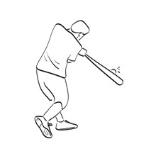 Line Art Baseball Batter Hitting The Ball Illustration Vector Hand Drawn Isolated On White Background