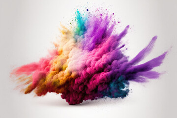 Poster - eruption of colored powder against a white background. cloud with color. Bright dust explodes. Color Holi. Generative AI