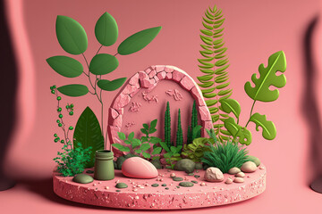 Sticker - platform for displaying stone goods decorated with greenery on a pink background. Generative AI