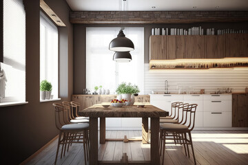 Canvas Print - Contemporary kitchen with a chic wooden table. Generative AI