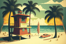 Retro Miami Beach Poster. Beach, Palms, The Coast, The Water, And The Lifeguard Station. Vintage Illustration. Generative AI
