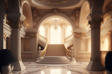 an image of the inside of a golden luxury palace with white marble and golden furnishings. generativ