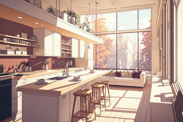 Poster - trendy modern interior design of a large studio in white and beige colors with large floor to ceiling windows. area of white kitchen with an island and a recreation area. Generative AI