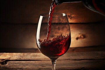 Poster - Red wine is poured into a glass on a wooden backdrop. Generative AI