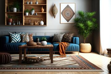 Elegant personal items, a design modular sofa, a wooden stool, a Moroccan shelf, and carpet decor can be seen in this ethnic living room interior. in contemporary style. Template. Generative AI