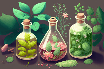 Wall Mural - green herbal leaves, flower scent essence solution, and natural organic extraction in a lab. generat