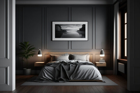 gray sleeping quarters dark wood floor with a bed. bedroom with a minimalist decor and a faux pictur