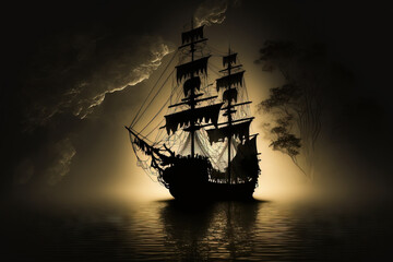 Wall Mural - Pirate ship in the night, silhouetted in black. Ghostly pirate ship in the nighttime with eerie illumination. selective attention. Generative AI