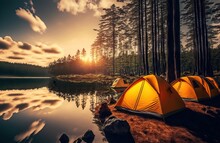 Adventures Camping Tourism And Tent Near Water In Morning And Sunset Sky At Pang Ung Pine Forest Park In Mae Hong Son, Thailand. Concept Vacation. Generative AI