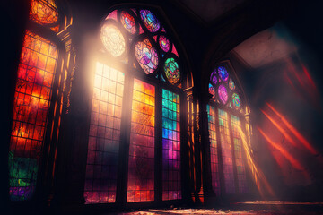 Sunlight streaming through high stained glass windows constructed of many colors of glass in the inside of a palace. gloomy fantasy interior. Generative AI