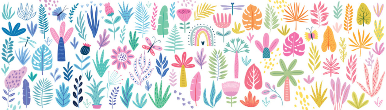 Fototapete - Jungle Floral elements big collection - leaves, palms, plants, flowers. Cute hand drawn style.