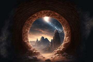 Wall Mural - Mountain cave portal in the shape of a stone arch with magical markings. Ancient temple with a portal to an alien realm. fantasy setting. Generative AI