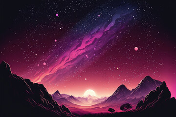 Wall Mural - pink light and the milky way at the mountains. nighttime colorful scene. starry summer sky with hill