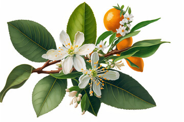 Branch of an orange tree on a background of white with white blooms, buds, and leaves. Neroli flower Orange blossom. Generative AI