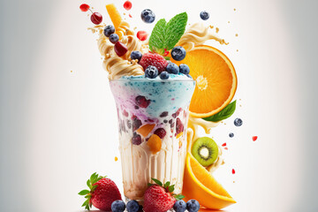 Wall Mural - Inventive smoothie and fruit filled arrangement. Lay flat. Conceptual image of food. Smoothies against a background of white. Generative AI