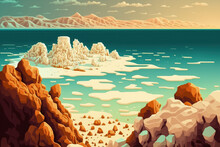 A View Of The Dead Sea's Coast. Salt Crystals In The Evening. Surface Of The Dead Sea. Saline Coastline. Generative AI