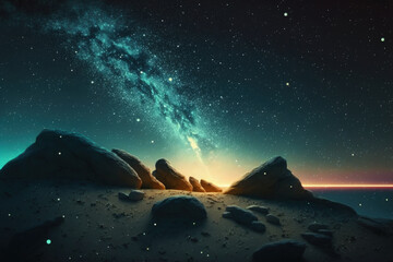 Wall Mural - long exposure shot with grain of a starry night galaxy of stars and cosmic dust. night sky of summer