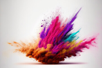 Sticker - background with abstract powder splatters eruption of colored powder against a white background. cloud with color. Bright dust explodes. Color Holi. Generative AI