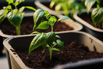 Canvas Print - Throughout the season, pepper seedlings are raised in pots in a greenhouse. Generative AI