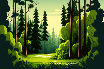 Poster - On the horizon, a grassy, summertime forest is isolated. the natural backdrop of a forest's edge with both coniferous and deciduous trees. Generative AI