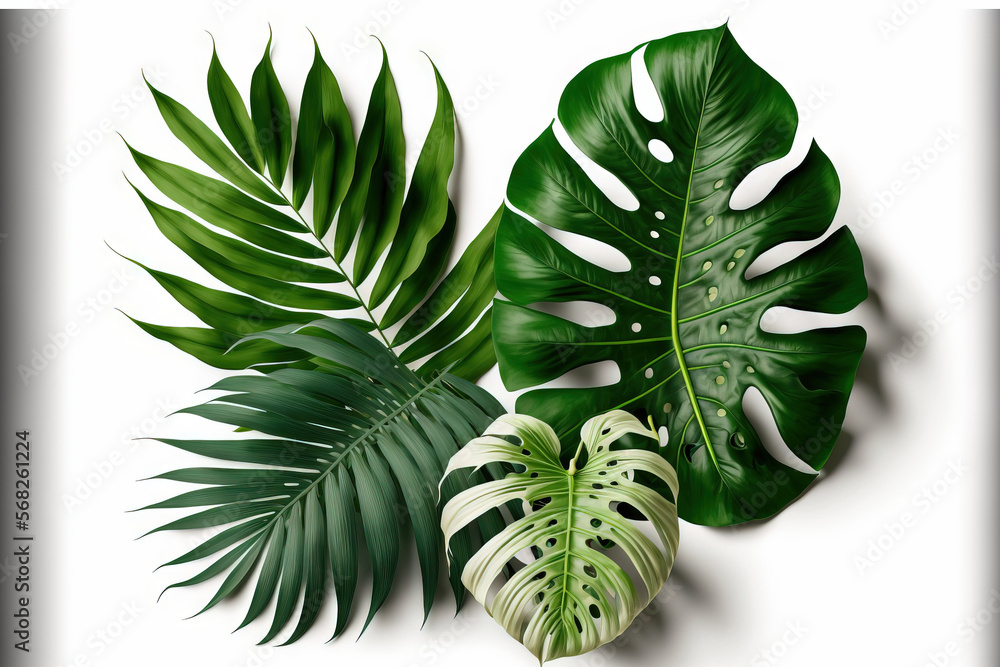 Monstera and tropical plants palm leaves isolated on white background ...