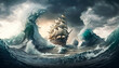 Tall Ship in Rough Sea with Ominous Sky ~ Created using Generative AI