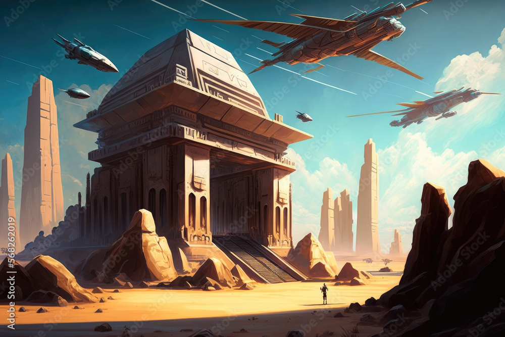 A Future Sci Fi Ancient Egyptian Temple With Spaceships Soaring
