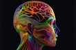 © Pinon Road - Abstract anatomical illustration of the human head in profile with colorful network of connections. Science, research concept. Generative AI.