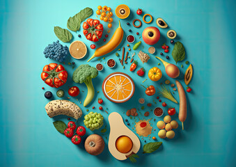 fresh healthy food arranged in circle on blue background. Generative AI